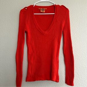 Tory Burch Vibrant Red Orange V-Neck Ribbed Sweater